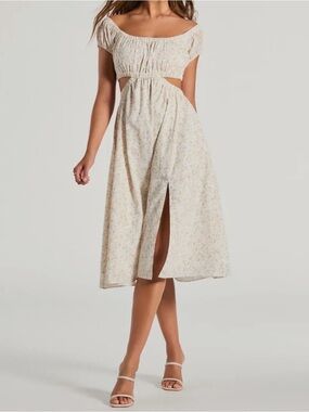Cream Floral Off-Shoulder Cutout Dress